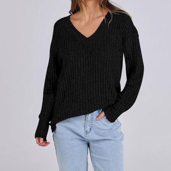 V-neck long sleeve pullover sweater top - Picture 5 of 6